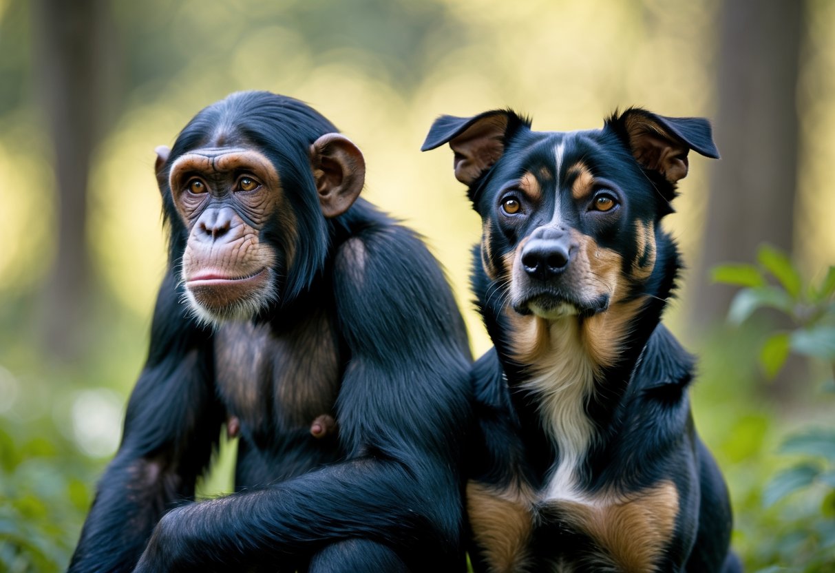 A chimpanzee and a dog sitting side by side outdoors, both looking attentive and calm.