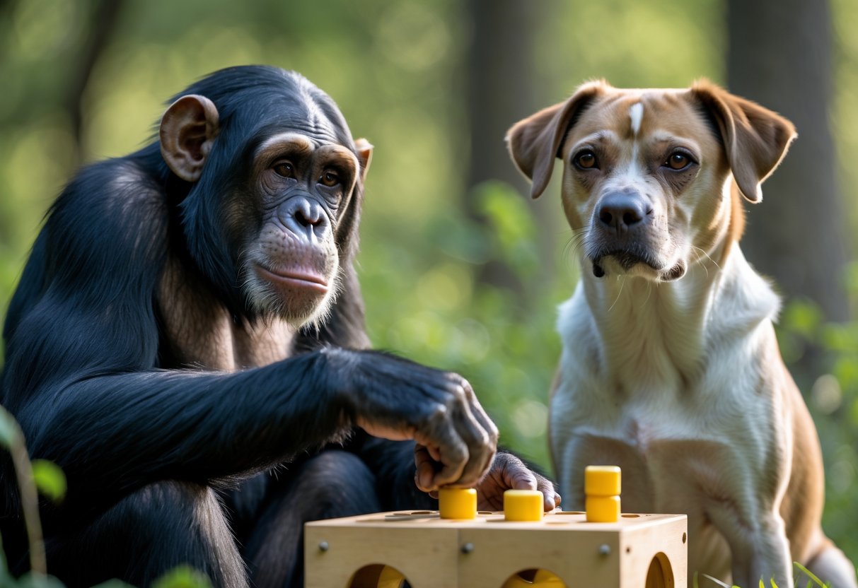 A chimpanzee and a dog sitting side by side outdoors, both focused on a puzzle toy in front of them.