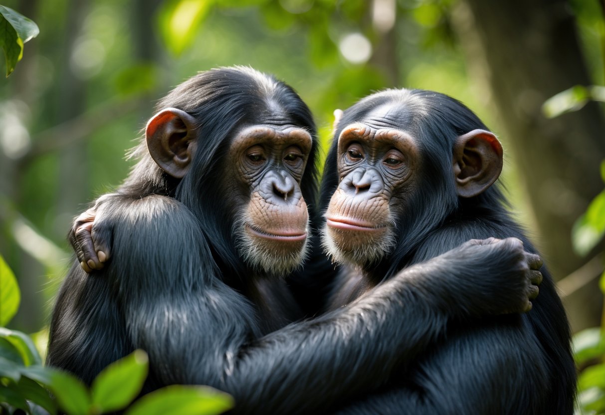 Two chimpanzees showing affection by gently embracing each other in a forest setting.