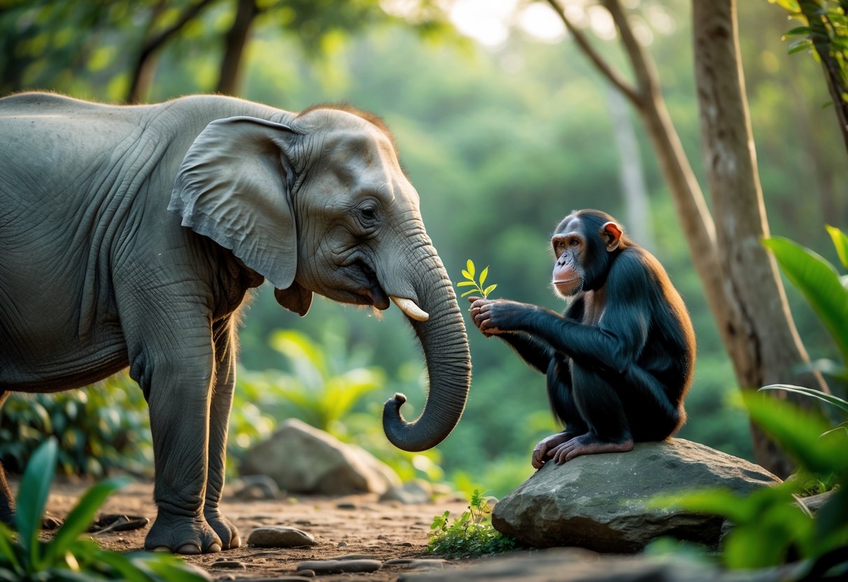 An elephant and a chimpanzee facing each other in a forest clearing, appearing calm and curious.