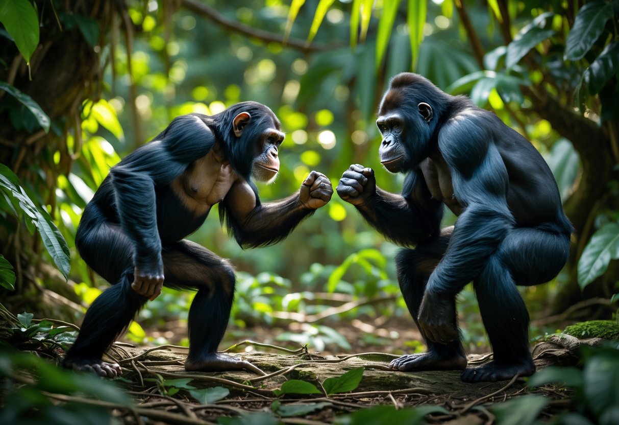 A chimpanzee and a gorilla face each other in a dense jungle, appearing tense and alert.
