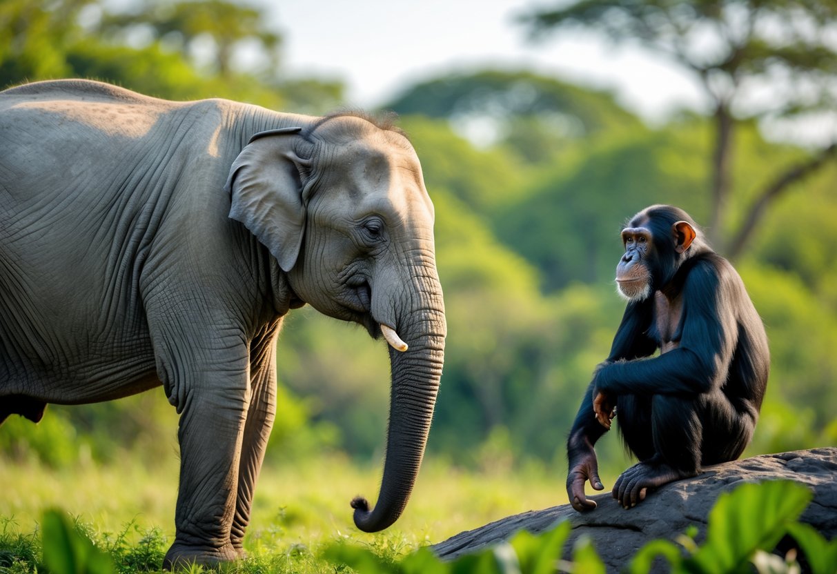 An elephant and a chimpanzee face each other calmly in a natural outdoor setting with trees and grass.