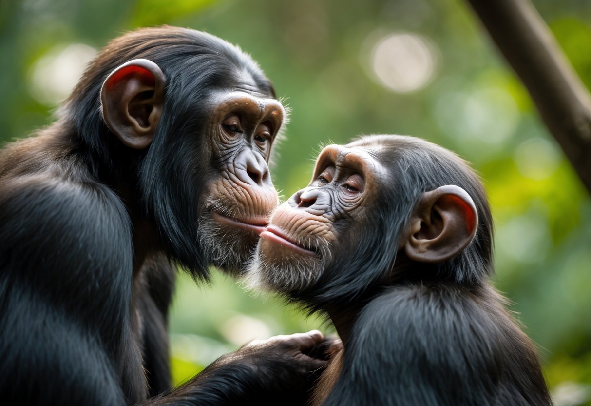 Two chimpanzees showing affection as one gently touches its lips to the other's cheek in a natural outdoor setting.