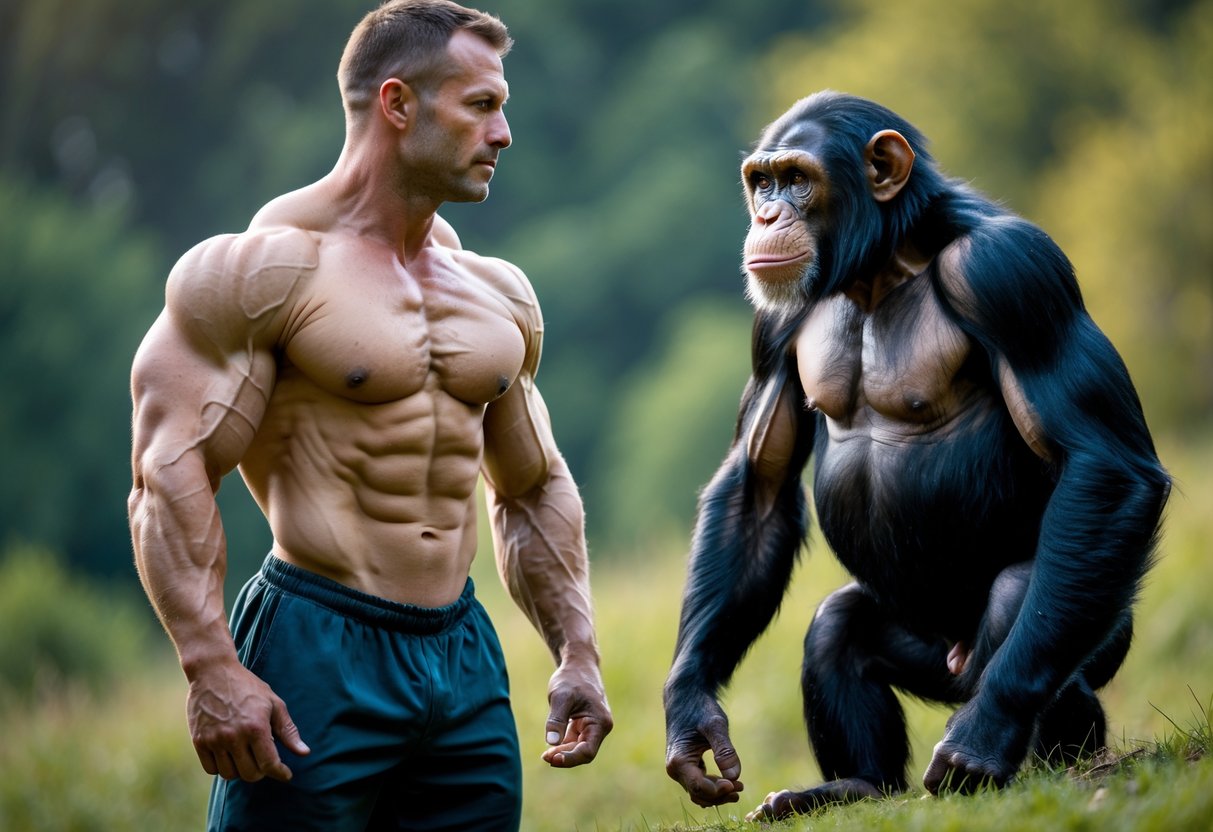 A muscular man and a chimpanzee standing side by side outdoors, facing each other.
