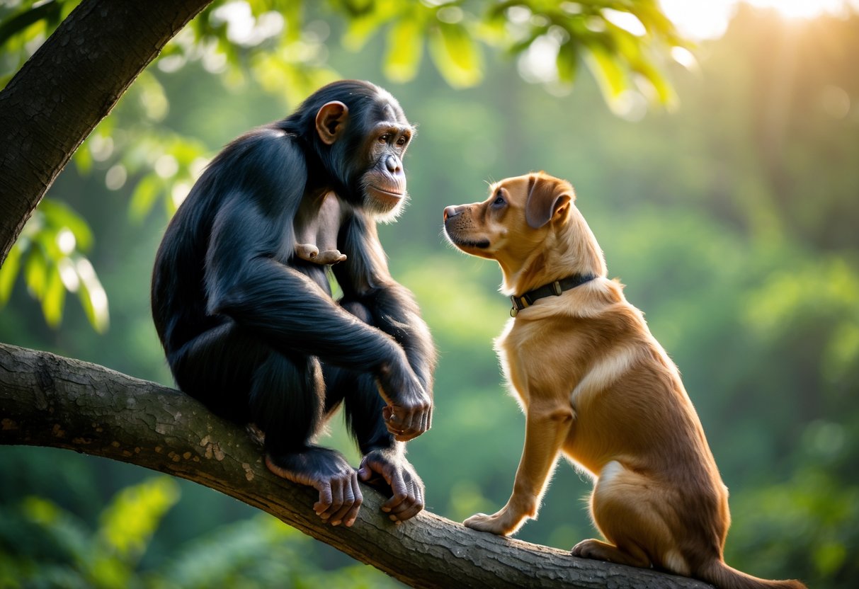 A chimpanzee sitting on a tree branch looking at a dog sitting on the ground in a green forest.