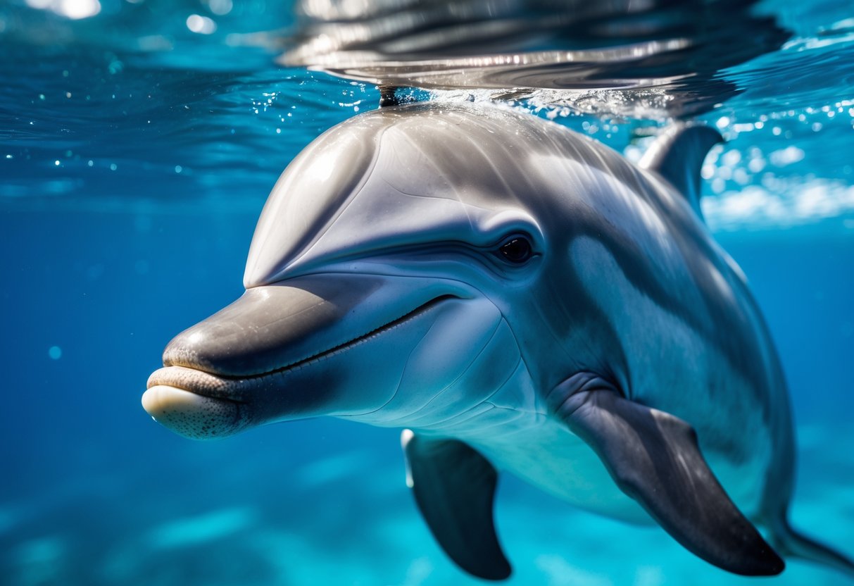 Close-up of a dolphin swimming underwater with sunlight filtering through the water.