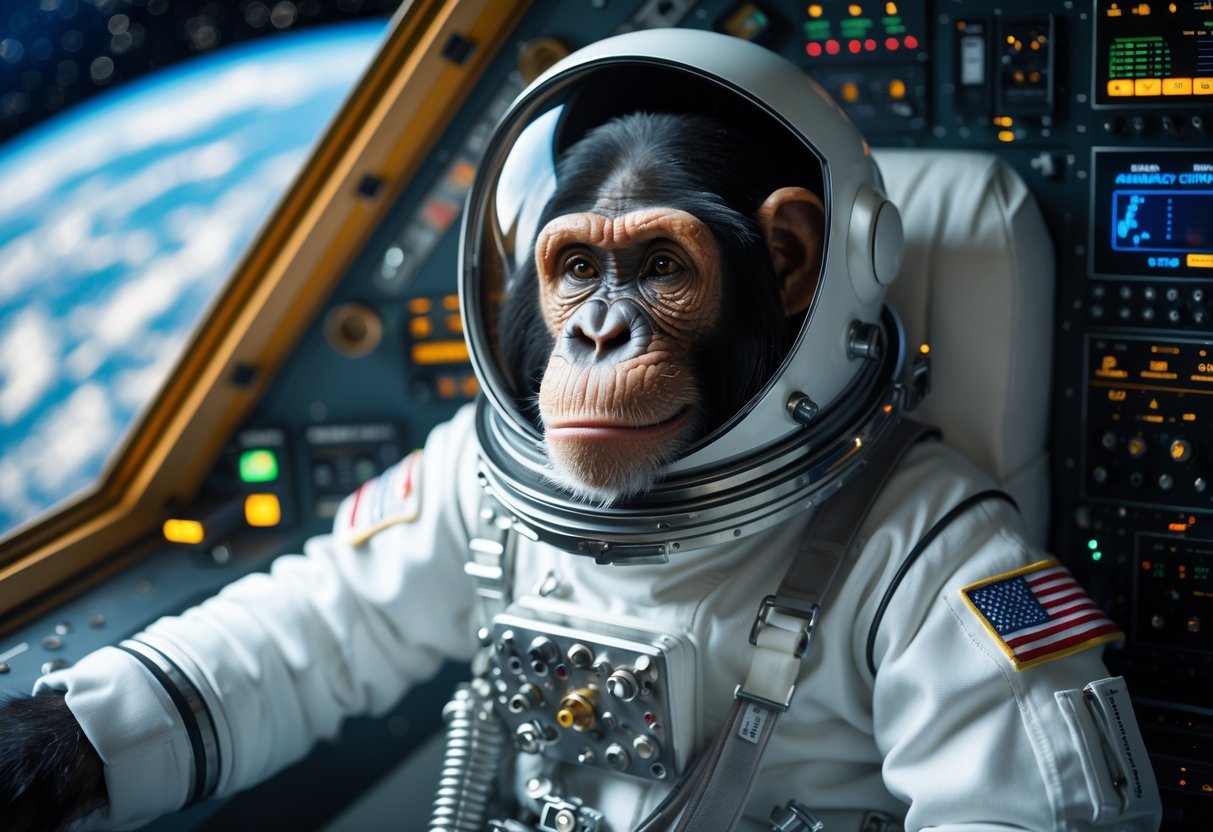 A chimpanzee wearing an astronaut helmet and space suit inside a spacecraft cockpit looking out at Earth and stars.