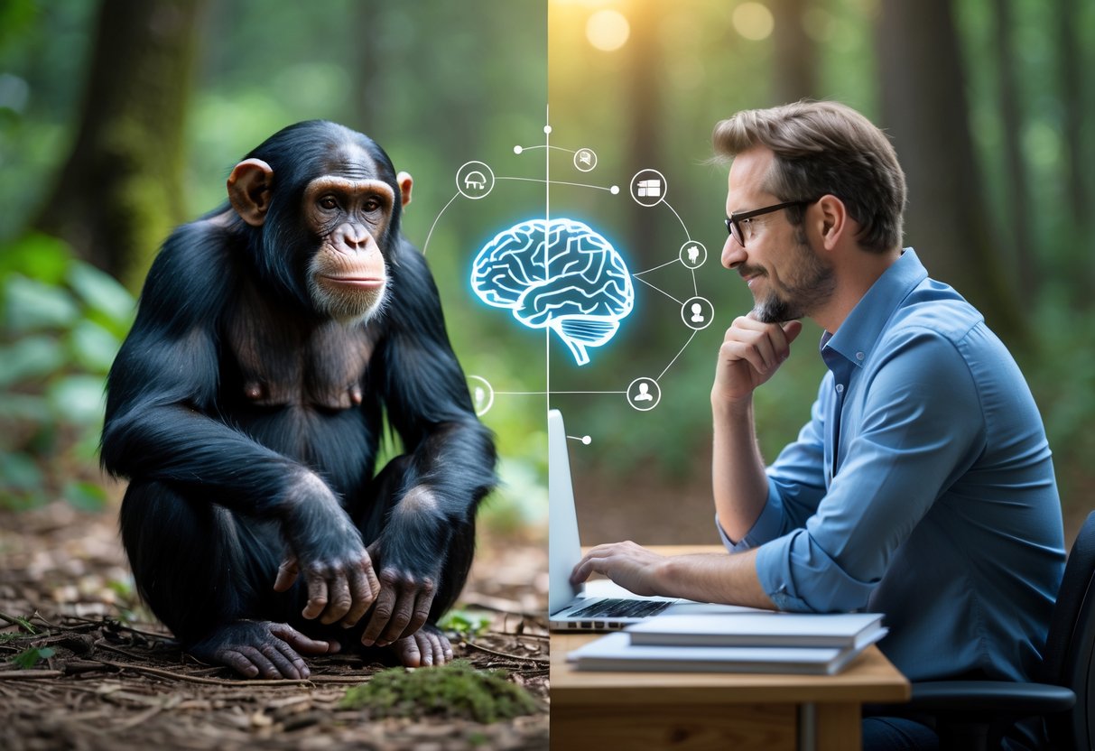 A chimpanzee sitting on the forest floor opposite a human adult at a desk with books and a laptop, both appearing thoughtful.