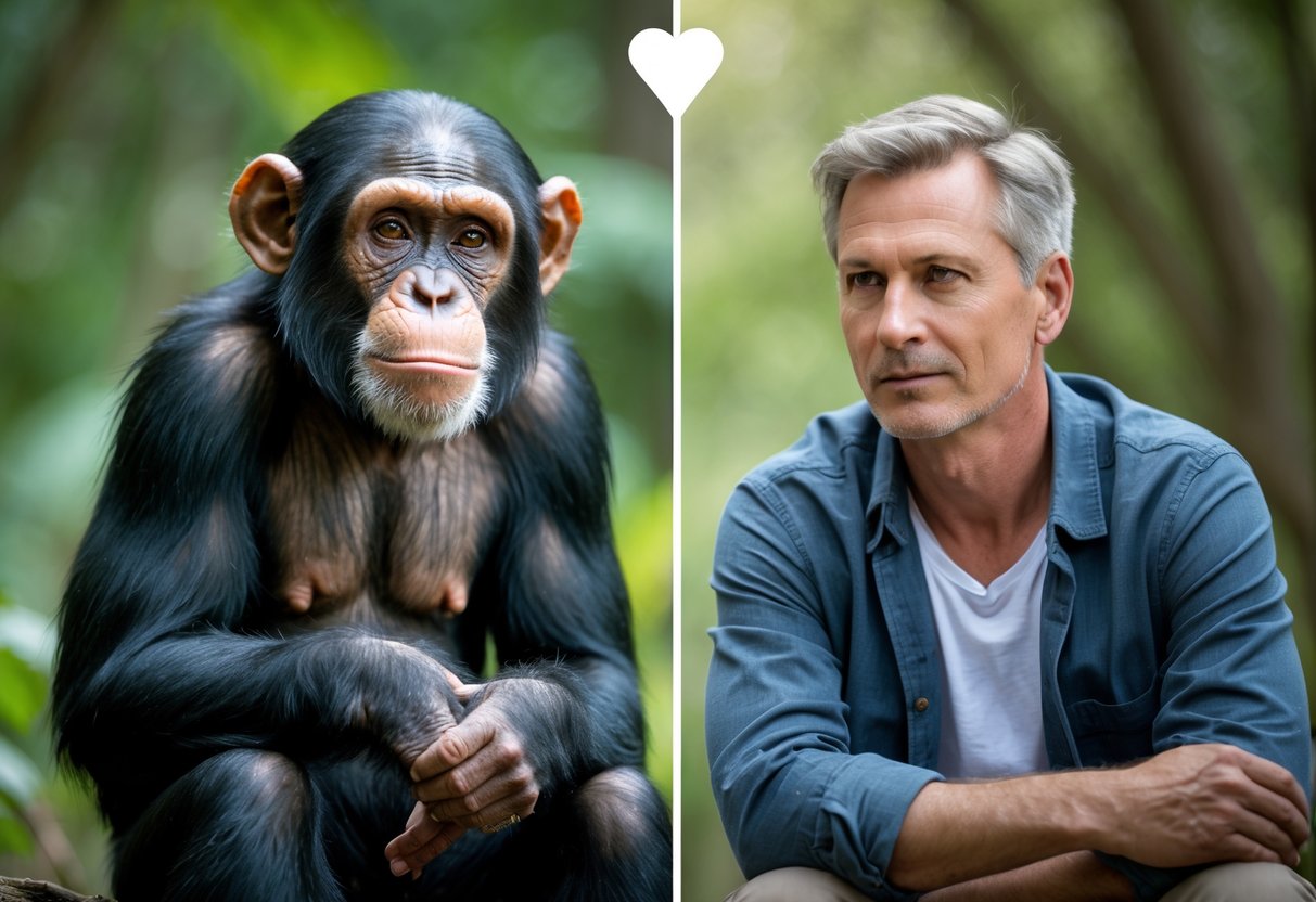 A chimpanzee and a human sitting side by side outdoors, both looking thoughtful and calm.