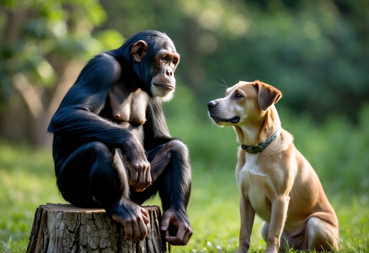 A chimpanzee sitting on a tree stump and a dog sitting on the grass facing each other outdoors.