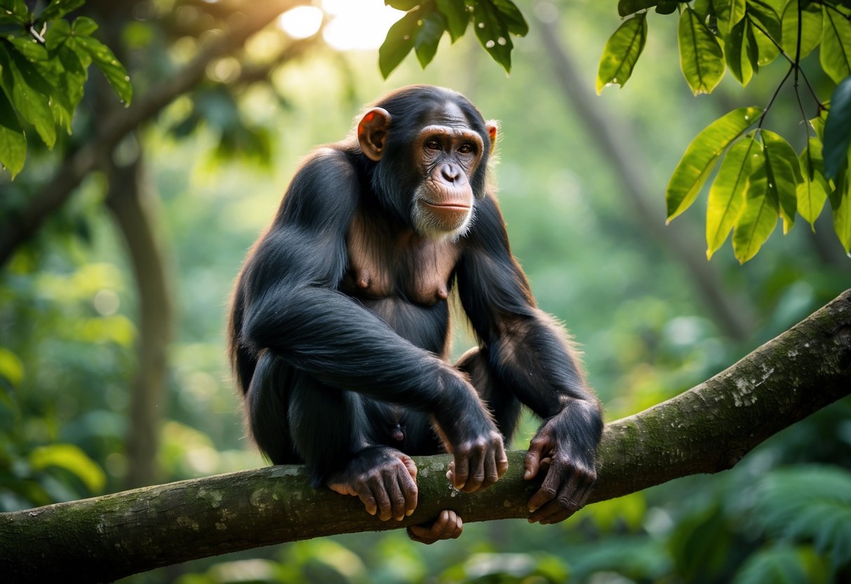 A chimpanzee sitting calmly on a tree branch in a green forest.