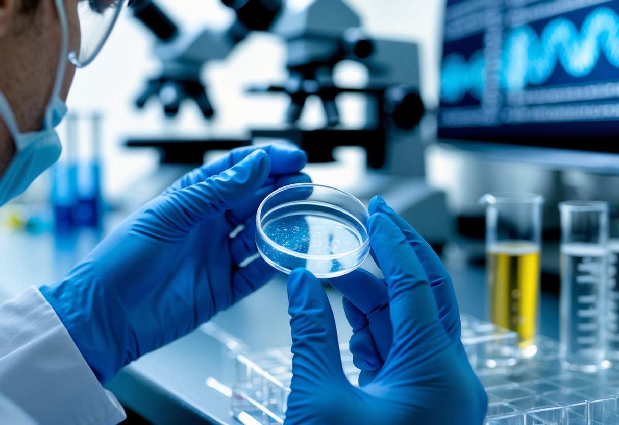 Close-up of gloved hands holding a petri dish in a scientific laboratory with lab equipment in the background.
