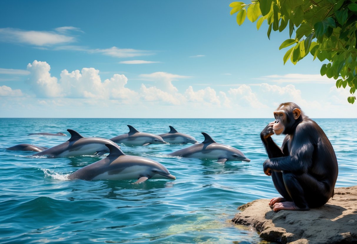 A chimpanzee sitting on a rocky shore looking at dolphins swimming near the ocean surface under a clear sky.