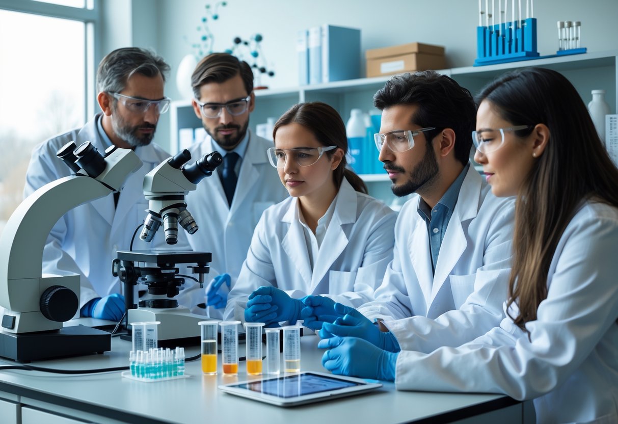 Scientists in a laboratory discussing genetic research with lab equipment and DNA models visible.