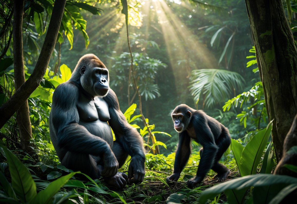A silverback gorilla sitting on the forest floor with a chimpanzee nearby in a dense tropical jungle.