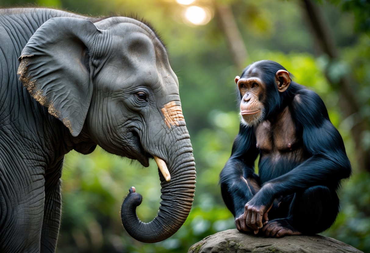 An elephant and a chimpanzee facing each other in a green forest, both appearing calm and attentive.