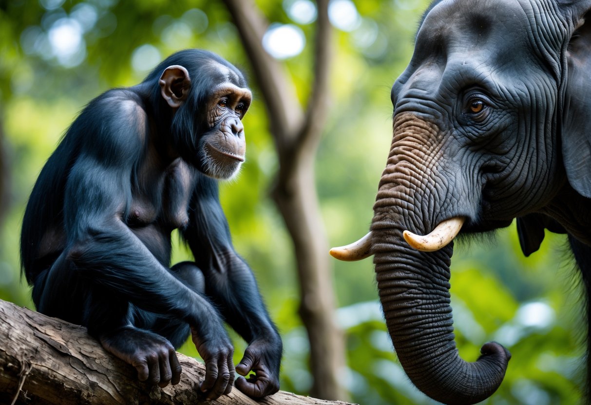 An elephant and a chimpanzee facing each other in a green forest, both appearing attentive and thoughtful.