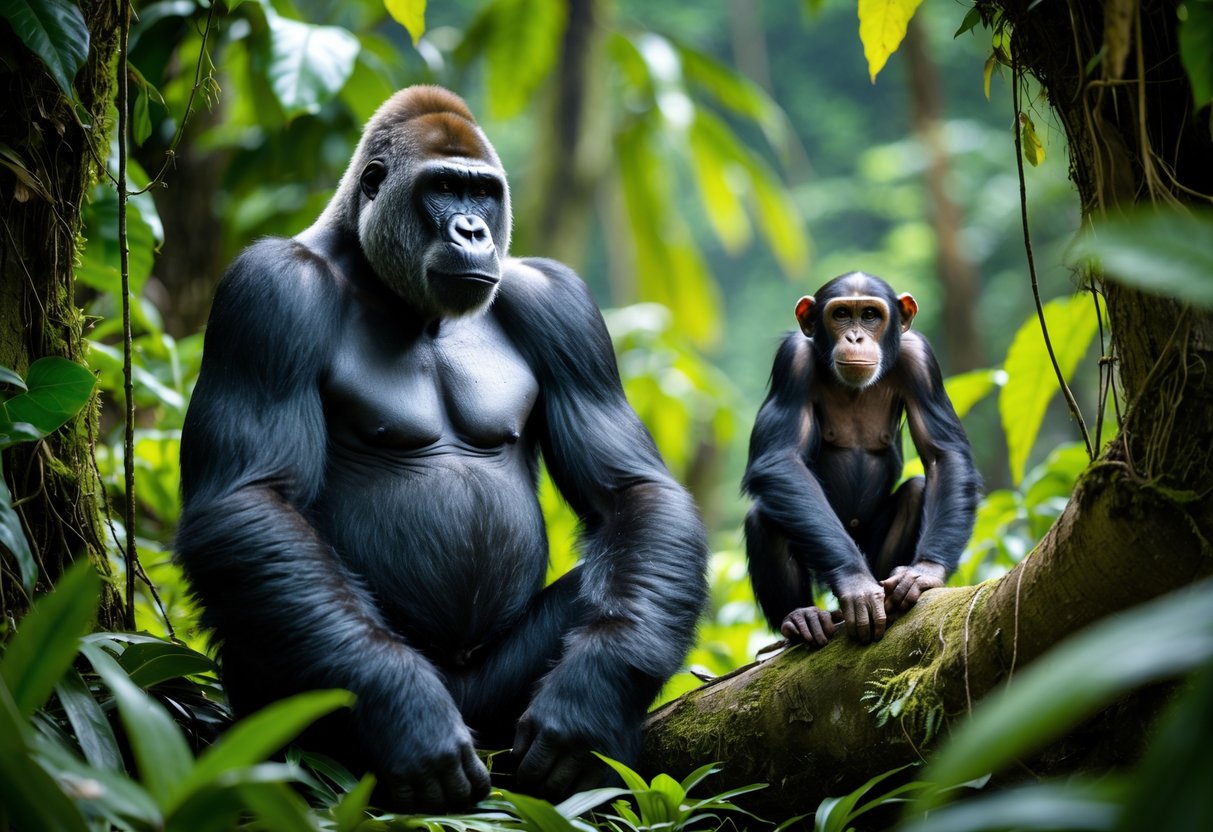 A large gorilla sitting on the forest floor near a smaller chimpanzee in a dense tropical rainforest.