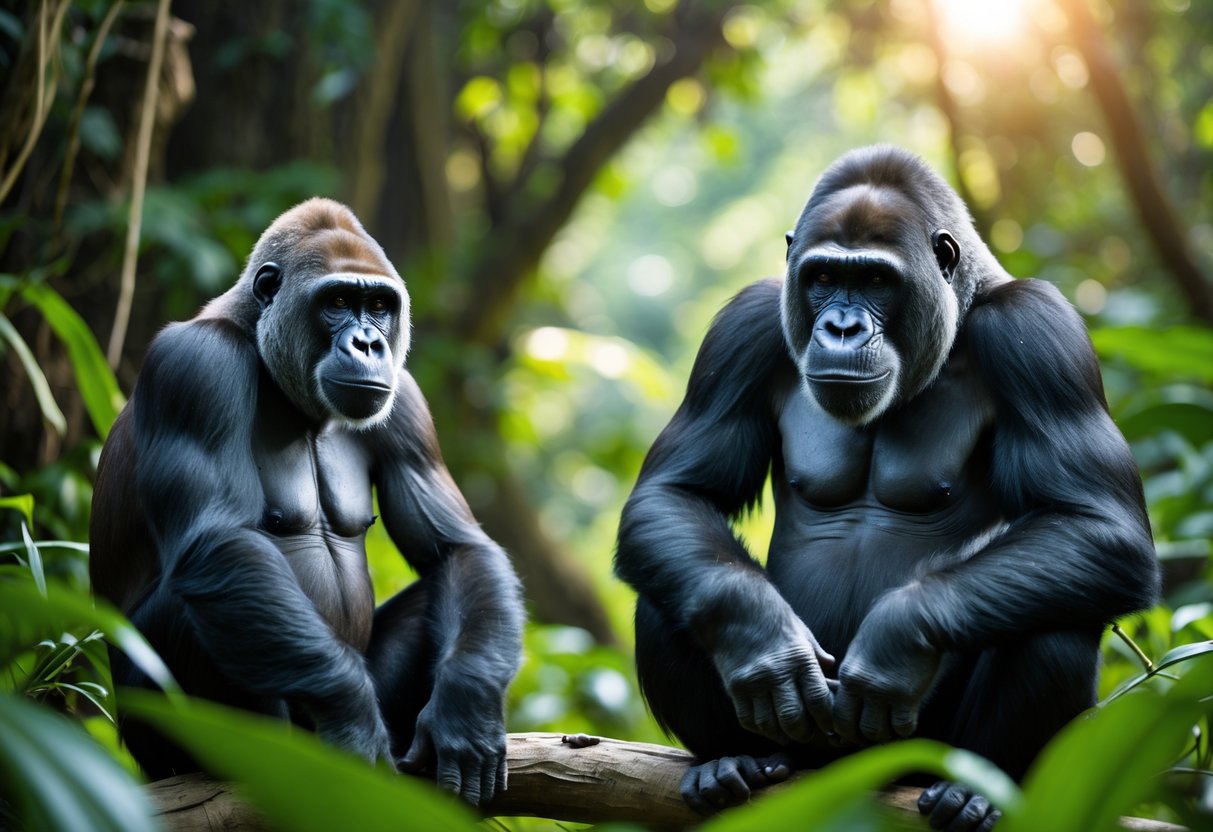 A gorilla and a chimpanzee sitting side by side in a green jungle.