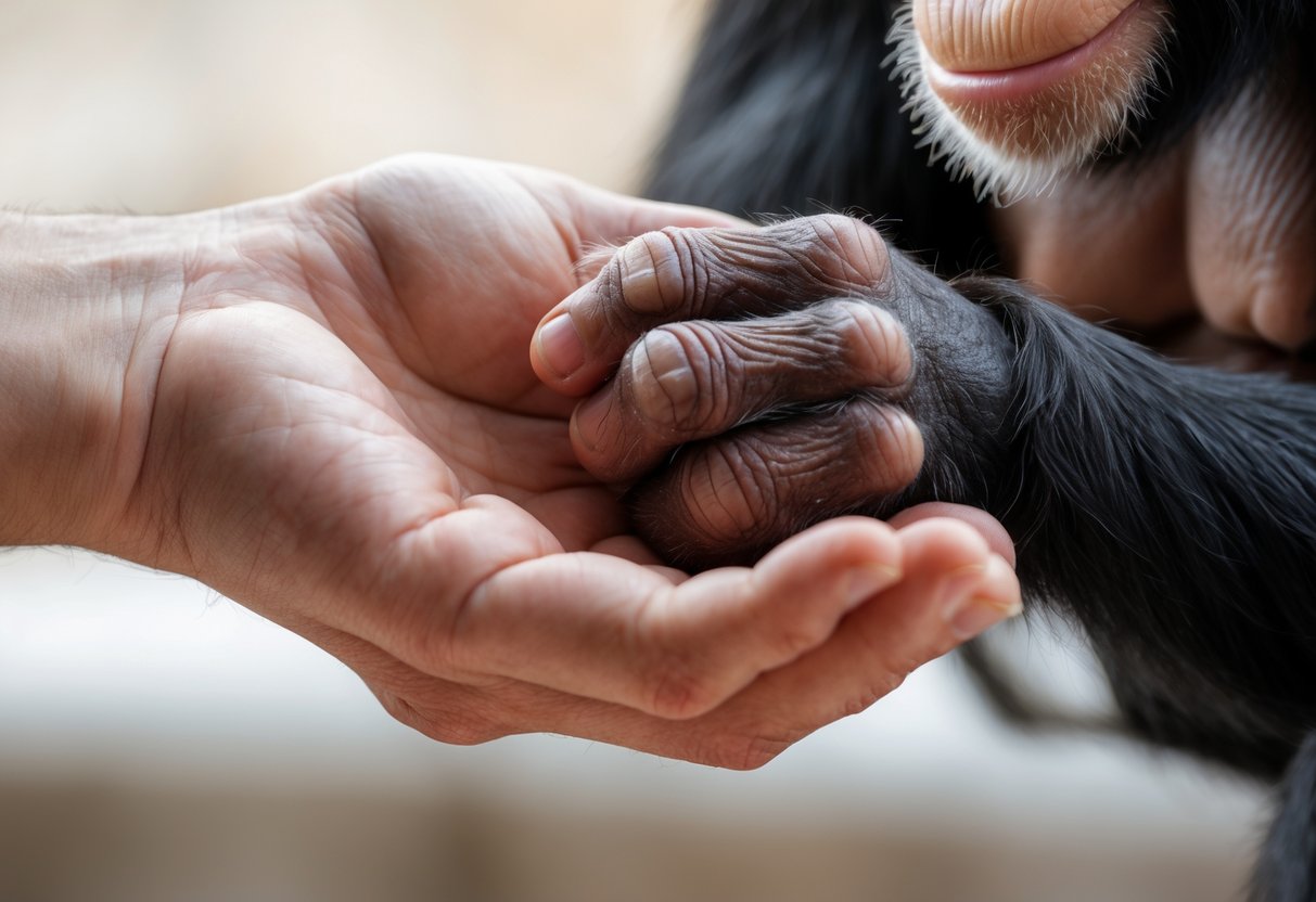 A human hand gently holding a chimpanzee's hand showing their veins.