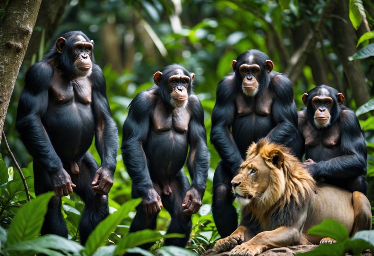 A group of large chimpanzees standing and sitting in a dense tropical forest next to a lion, showing their size comparison.