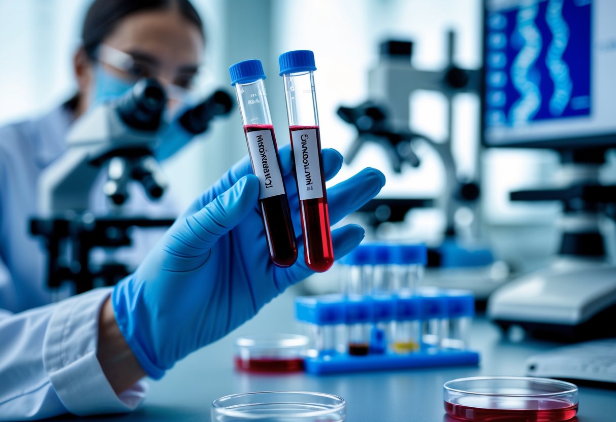 Close-up of a scientist's gloved hands holding two test tubes with blood samples in a laboratory.