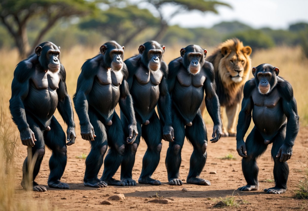 Several large chimpanzees standing near a lion in a grassy savannah landscape.