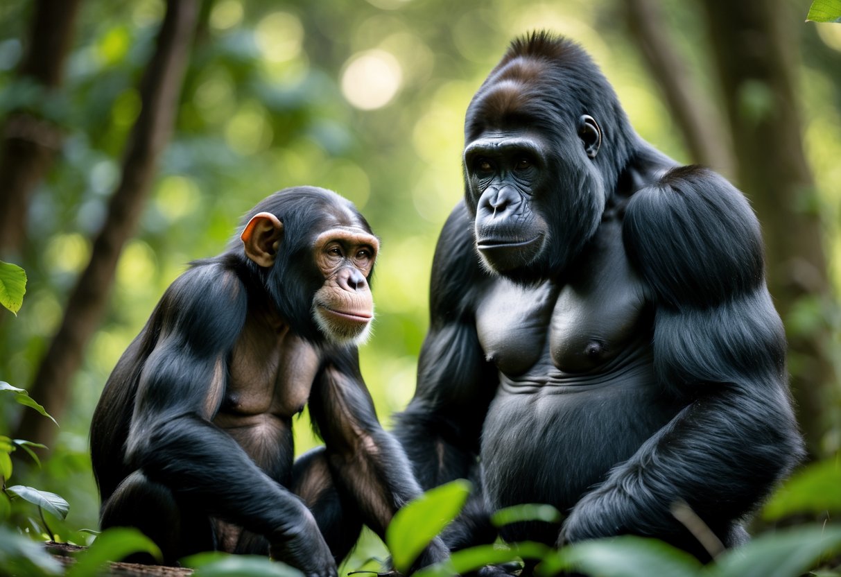 A chimpanzee and a gorilla sitting close together in a green forest setting, calmly observing each other.