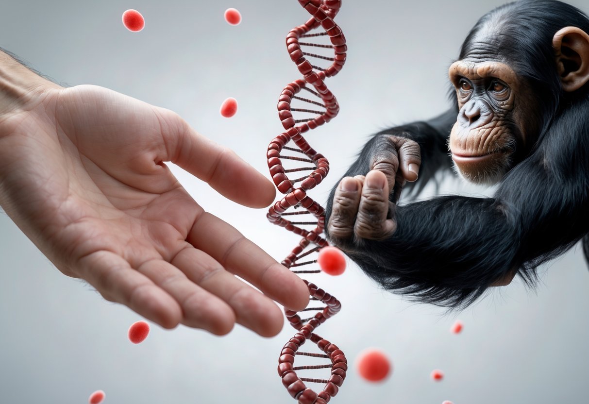 A human hand and a chimpanzee hand reaching towards each other with red blood cells and DNA strands floating between them.