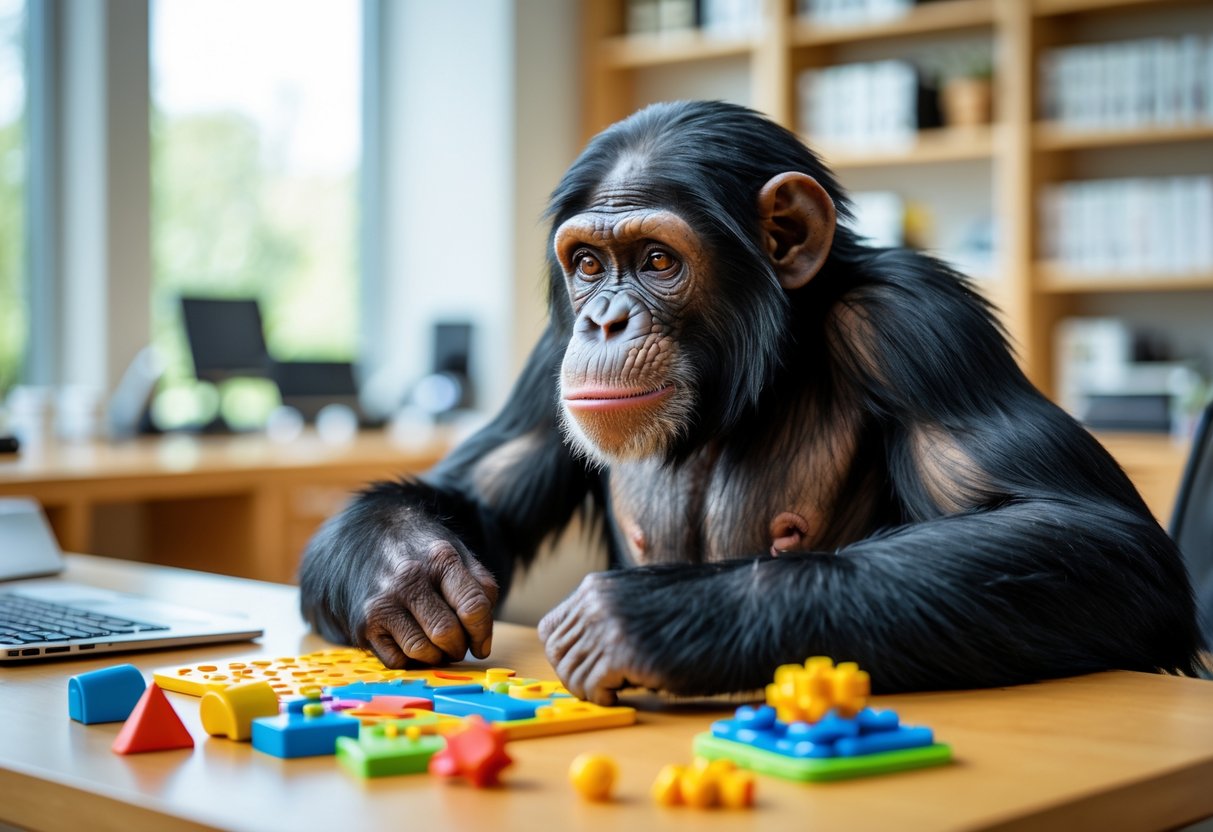 A chimpanzee sitting at a desk looking thoughtfully at educational toys and puzzles in a bright office setting.
