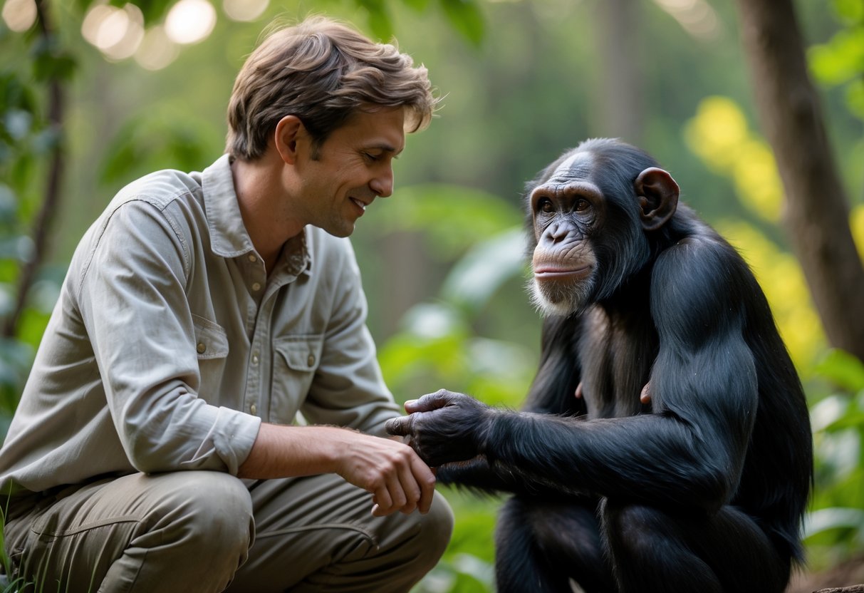 A human and a chimpanzee sharing a gentle moment outdoors, making eye contact and touching hands.