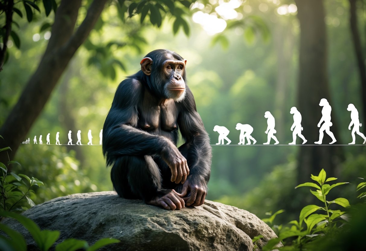A chimpanzee sitting on a rock in a forest, looking thoughtfully into the distance with trees and greenery around.