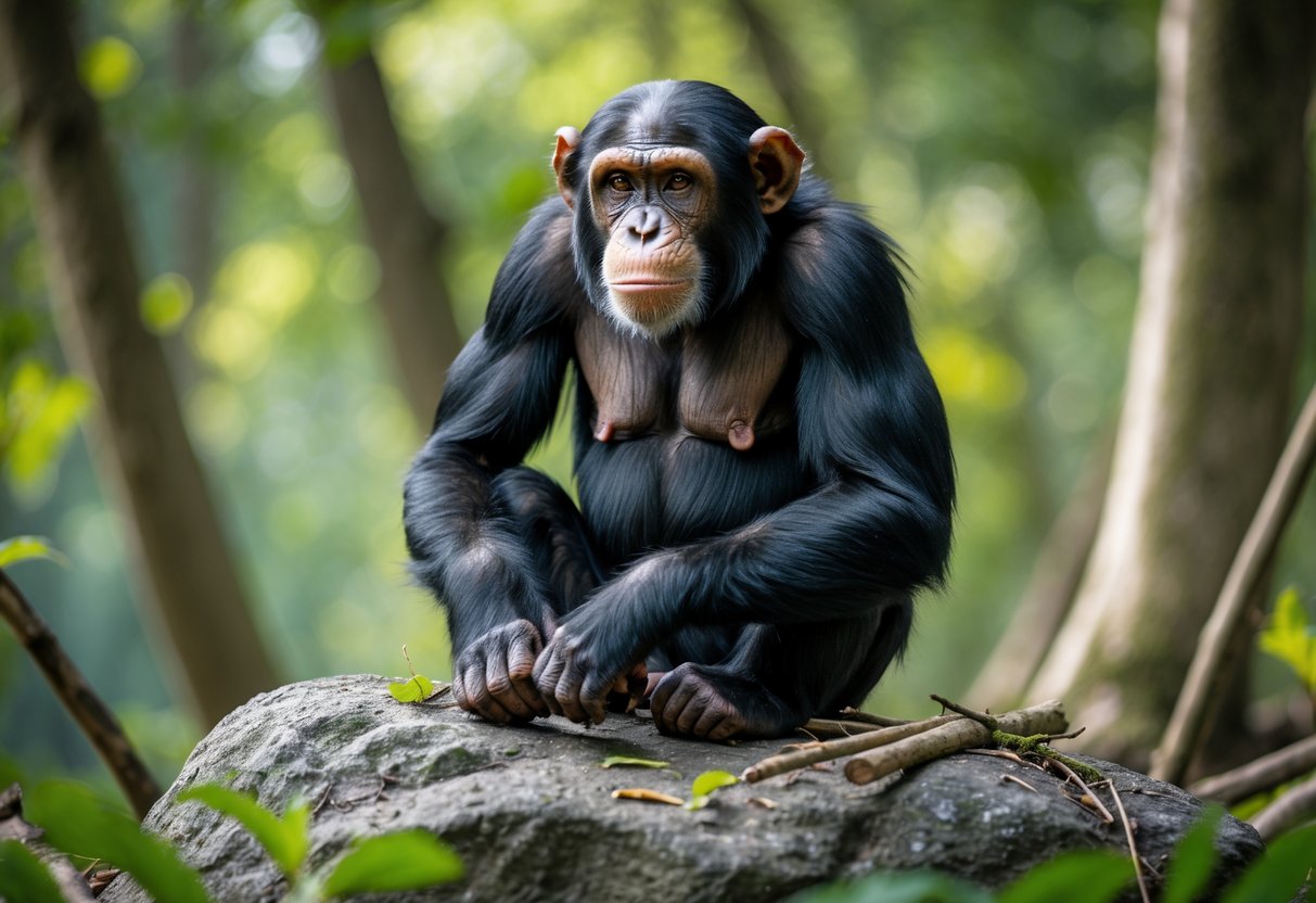 A chimpanzee sitting on a rock in a forest, looking thoughtful and curious.
