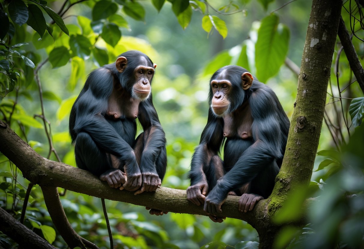 Two chimpanzees interacting in a green forest setting, one on a tree branch and the other on the ground nearby.
