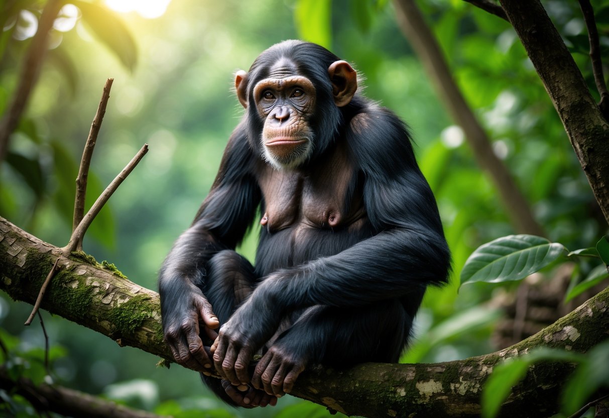Close-up of an adult chimpanzee sitting on a tree branch in a green forest, looking thoughtful and curious.