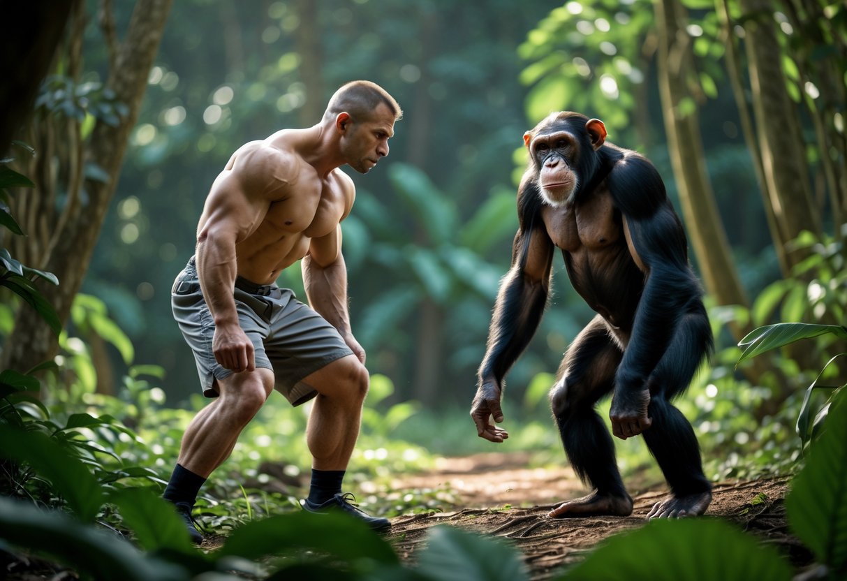 A muscular man and a chimpanzee face each other in a forest clearing, both showing alert and focused expressions.