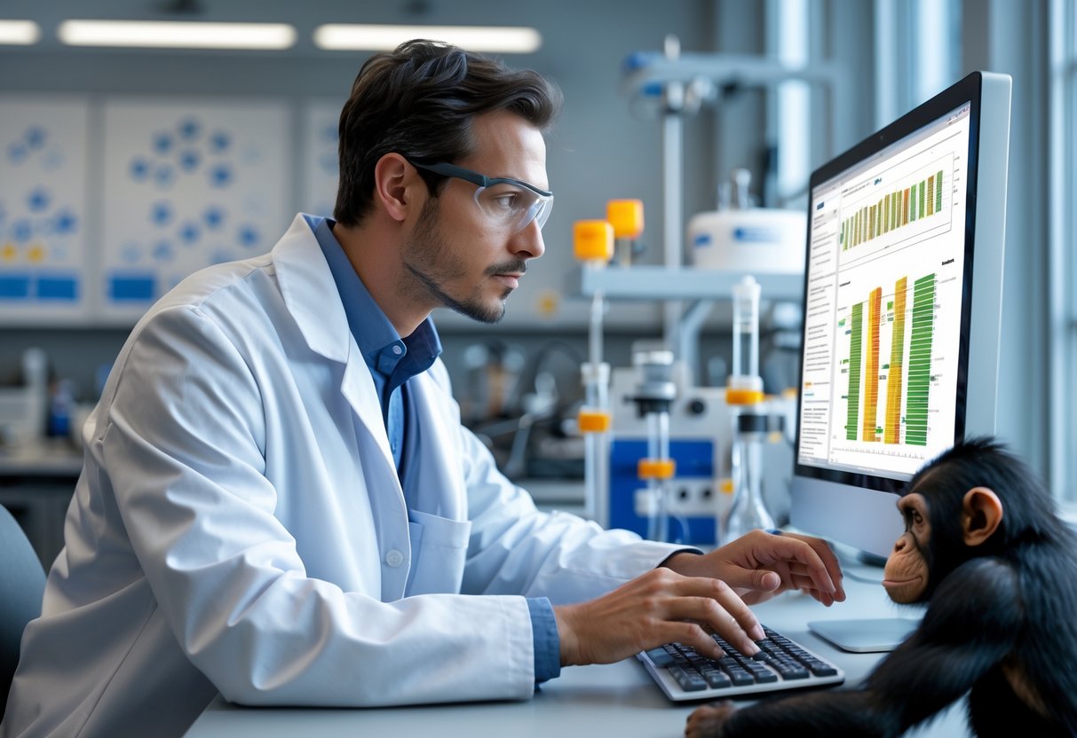 A scientist in a laboratory analyzing primate DNA sequences on a computer screen surrounded by scientific equipment.