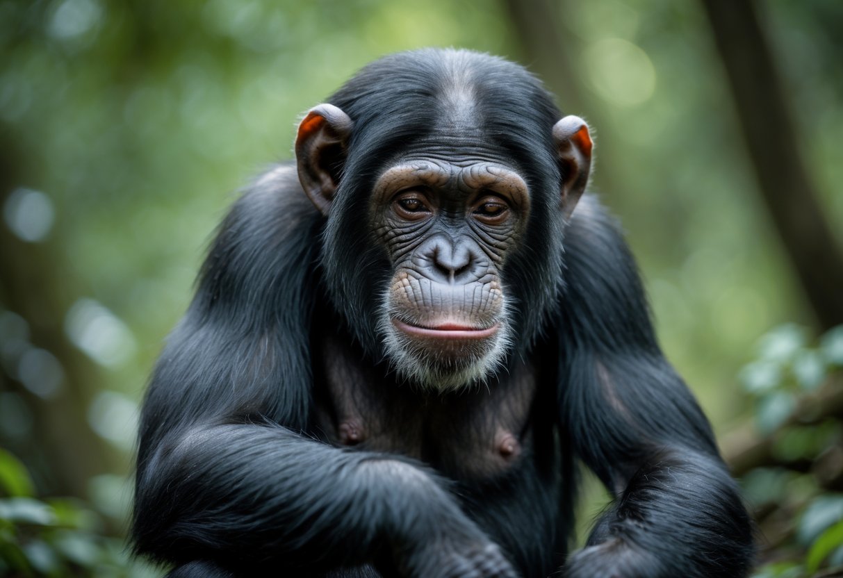 A close-up of a chimpanzee sitting quietly in a forest, looking downward with a sad expression.