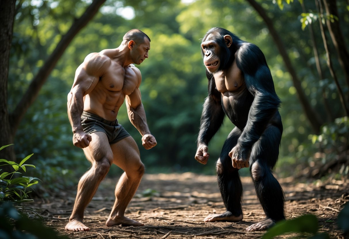 A muscular man and a large chimpanzee face each other in a forest clearing, both showing intense expressions and defensive postures.