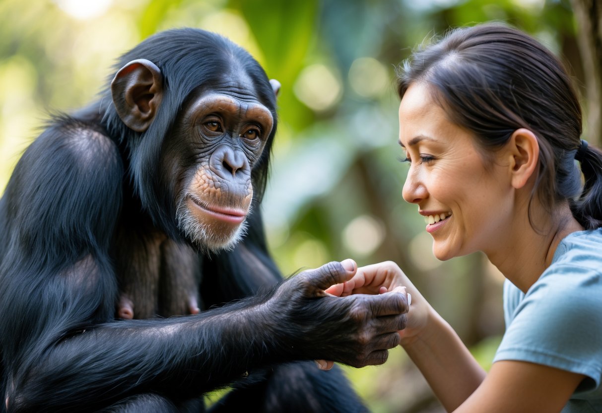 A chimpanzee and a human gently touching hands outdoors surrounded by green foliage.