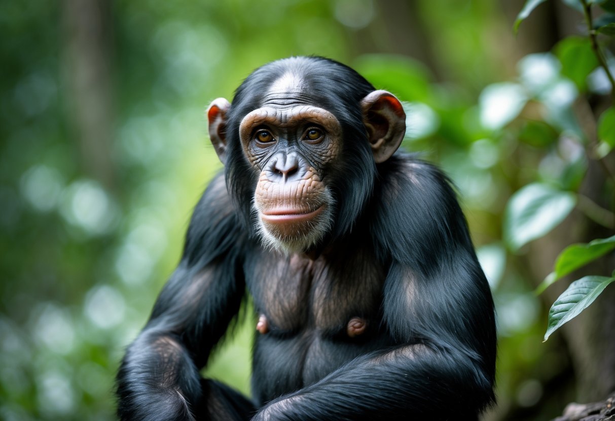 A chimpanzee sitting outdoors among green plants, looking thoughtfully at the camera.