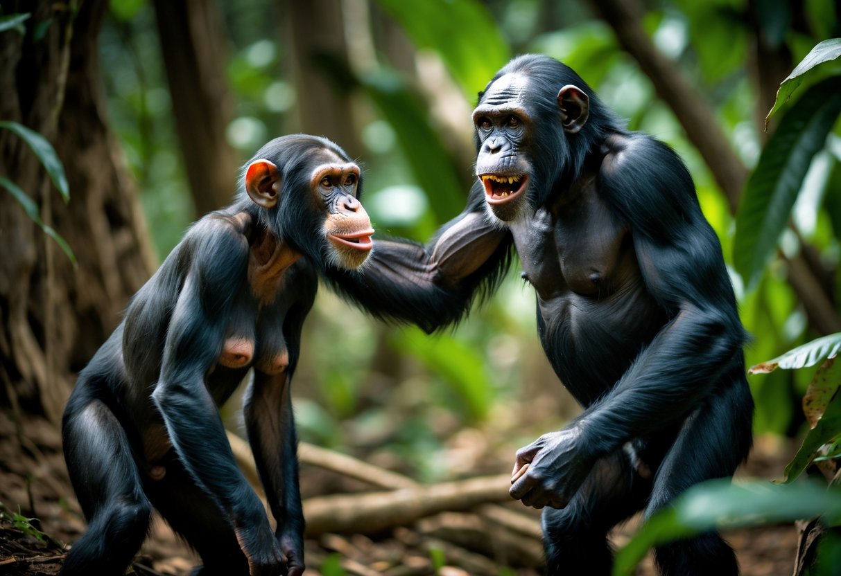 A dominant male chimpanzee showing aggressive behavior towards a female chimpanzee in a forest setting.