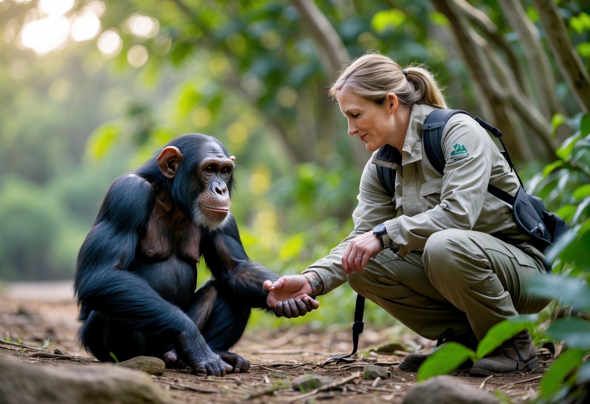 A human wildlife researcher and a calm chimpanzee gently interacting outdoors surrounded by green trees.