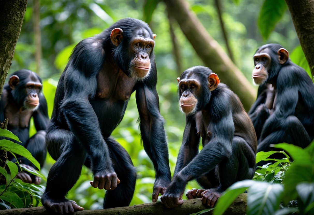 A dominant male chimpanzee interacting assertively with a female chimpanzee in a forest, while other chimpanzees watch nearby.