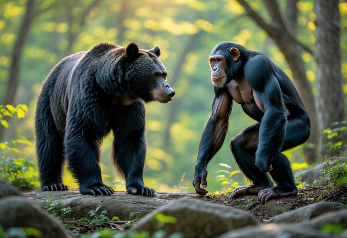A black bear and a chimpanzee facing each other in a forest setting.