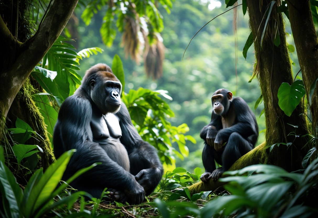A gorilla sitting calmly on the forest floor with a chimpanzee perched nearby in a lush tropical rainforest.
