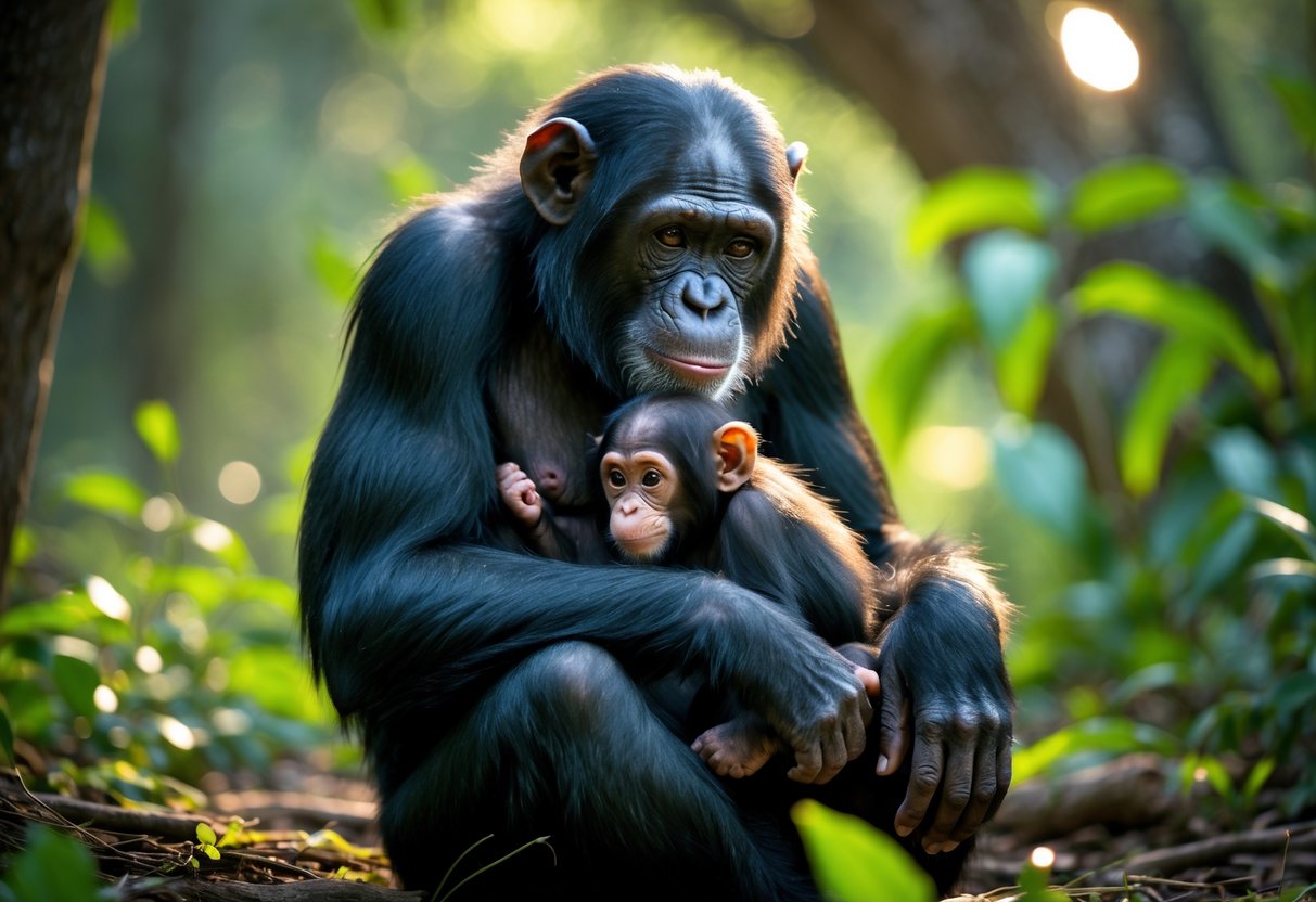 A chimpanzee mother holding her newborn baby chimpanzee in a forest setting.