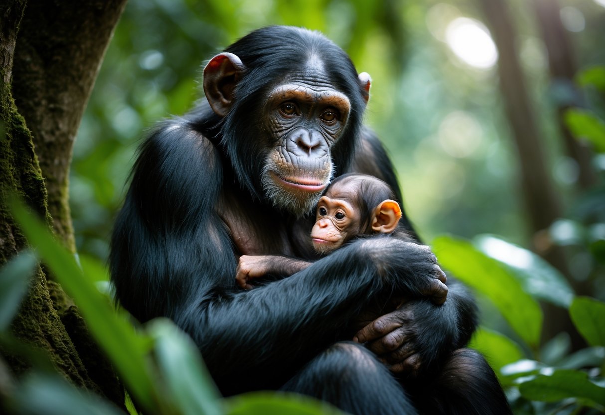 A mother chimpanzee holding her newborn infant closely in a forest setting.
