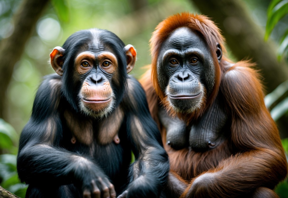 A chimpanzee and an orangutan sitting side by side in a forest, looking towards the camera.
