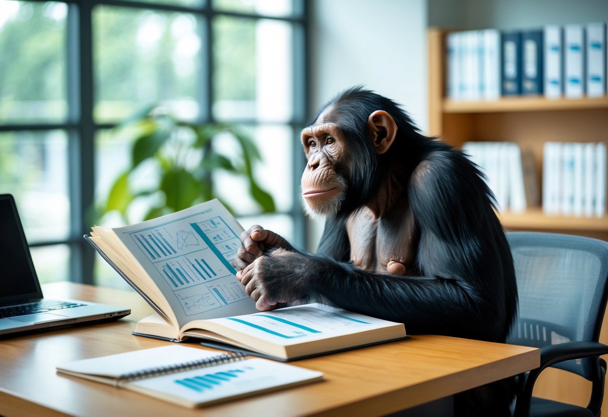 A chimpanzee sitting at a desk looking thoughtfully at an open book with a laptop and notepad nearby in a bright office setting.